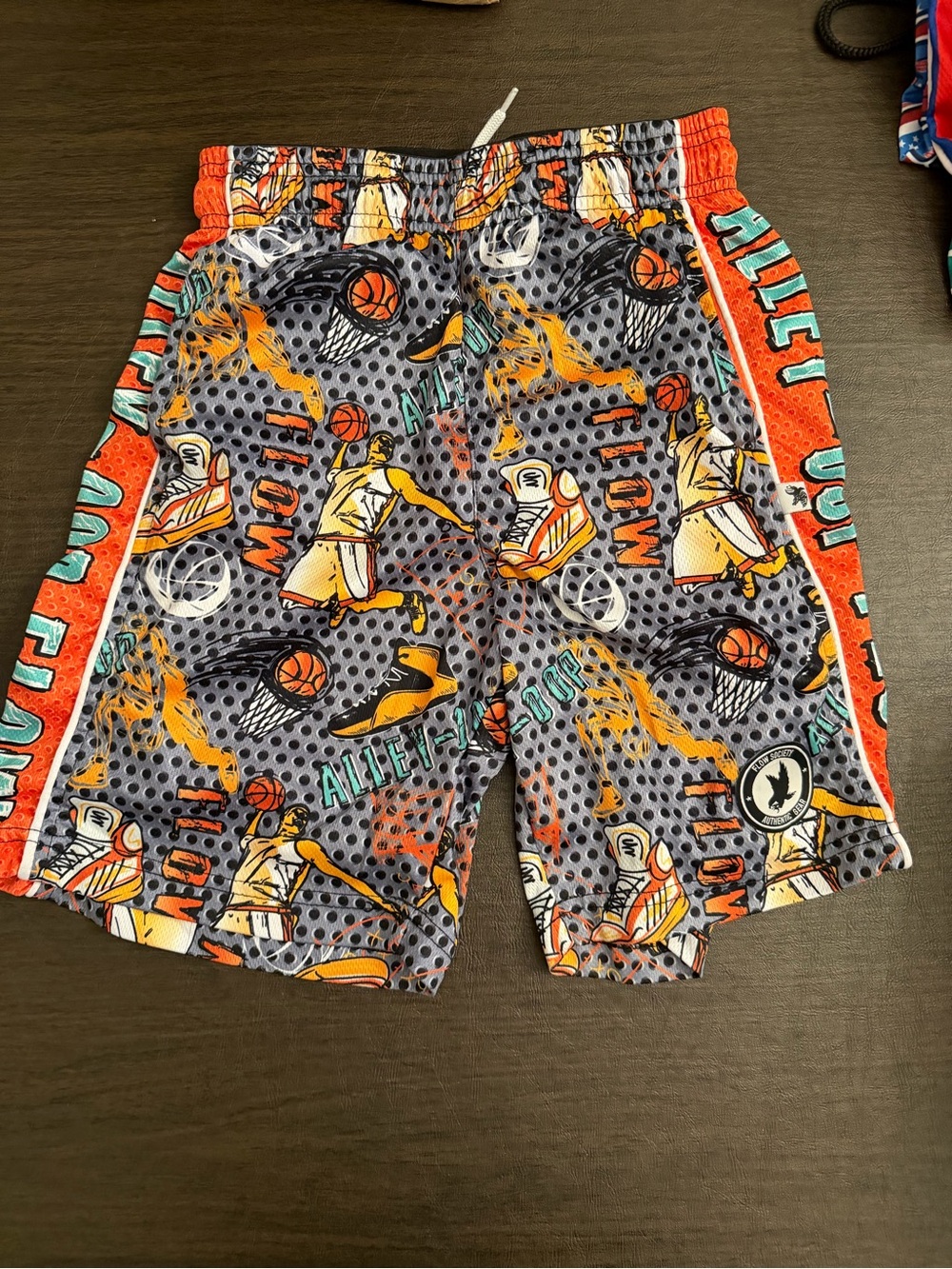 Boys Grey and Orange Basketball-Print Athletic Shorts